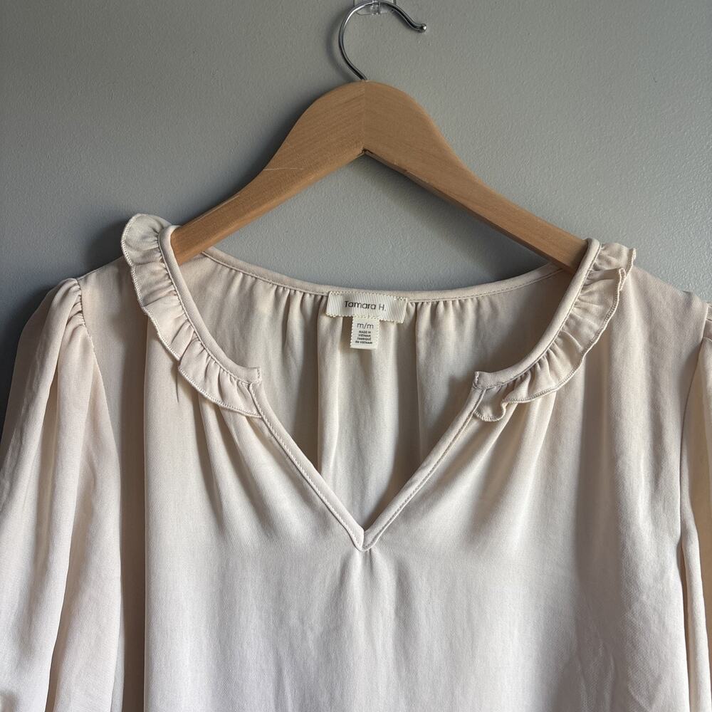Tamara H. Womens V-neck ivory cream Ruffle Blouse Pink Size M